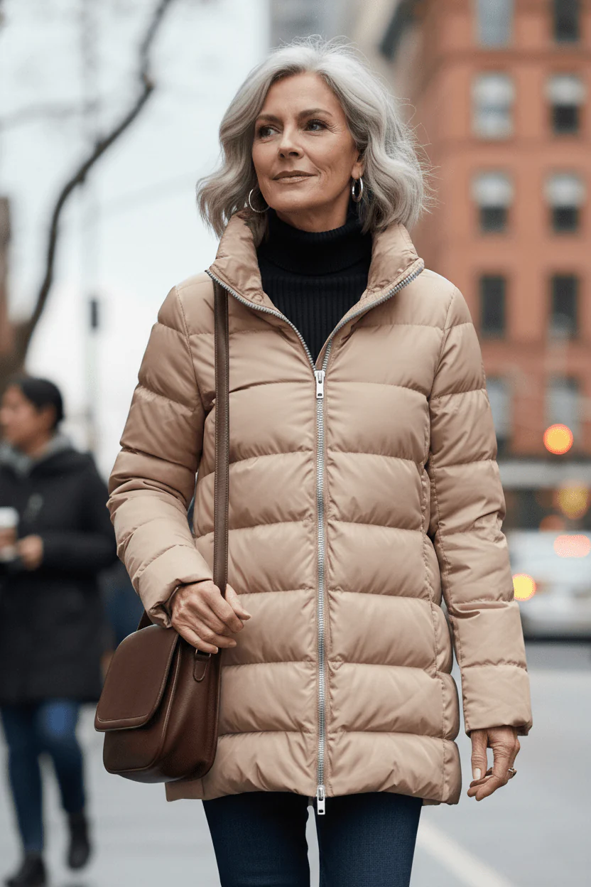 The Dorchester | Down Coat with Chunky Zipper | Taupe - Image 4