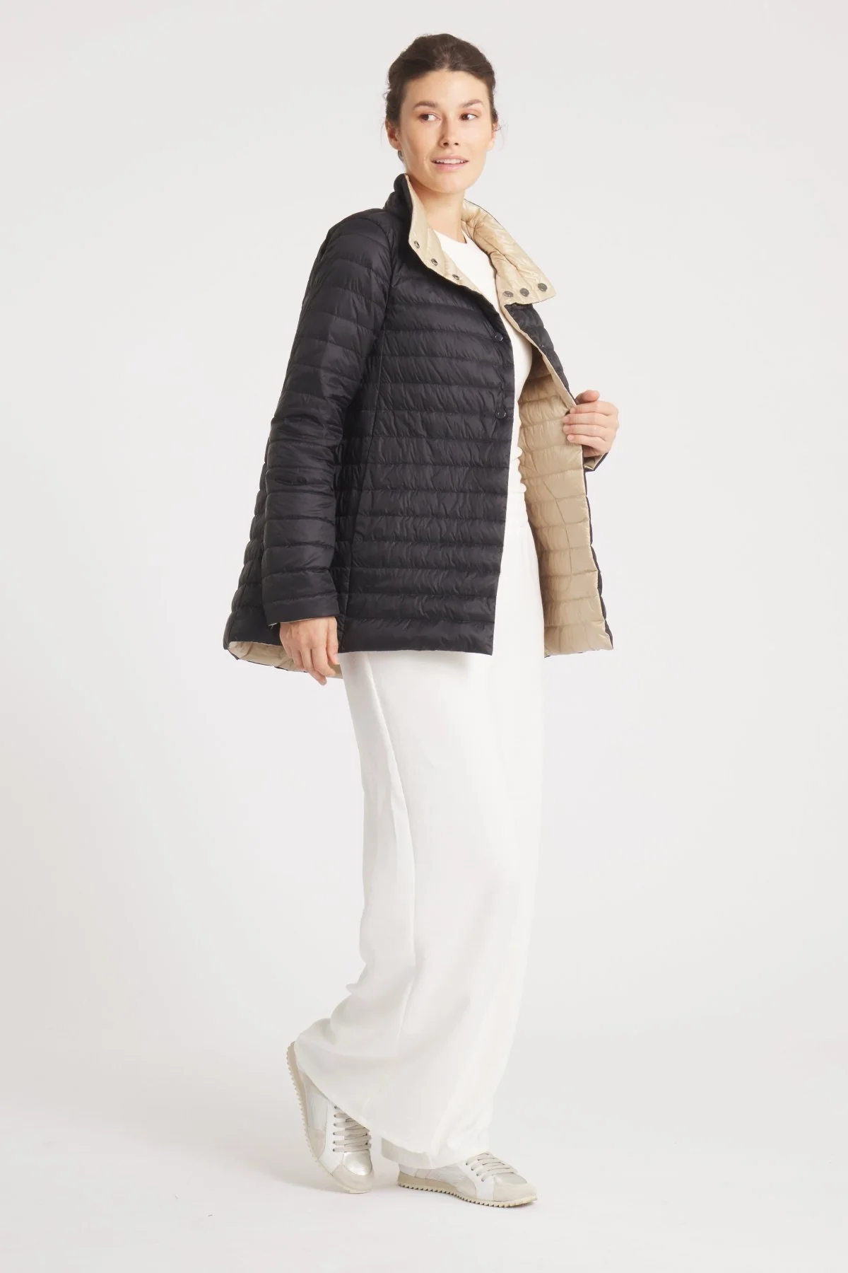 The Knightsbridge | Lightweight 2 in 1 Reversible Down Coat | Matte Black / Taupe - Image 11