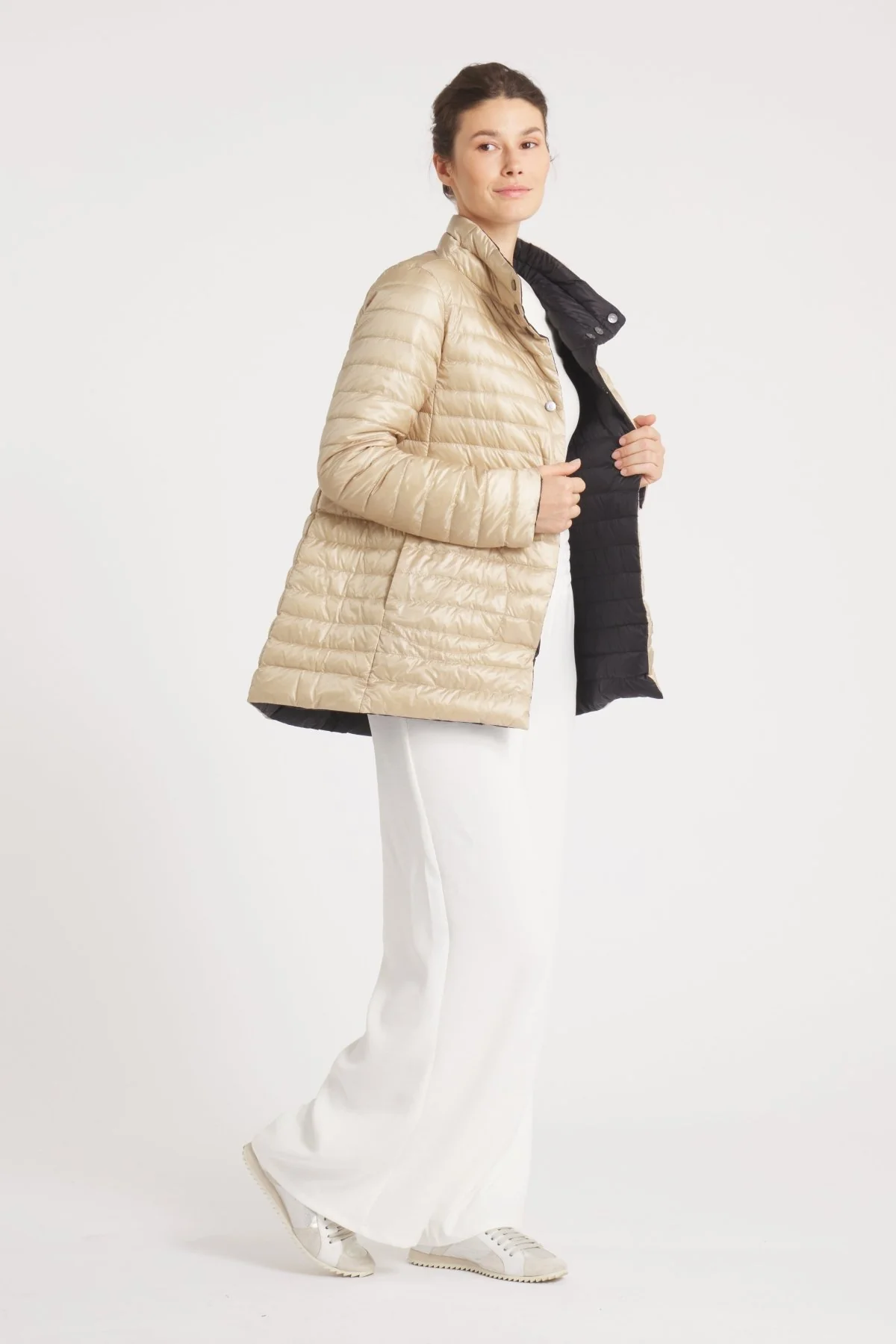 The Knightsbridge | Lightweight 2 in 1 Reversible Down Coat | Matte Black / Taupe - Image 12