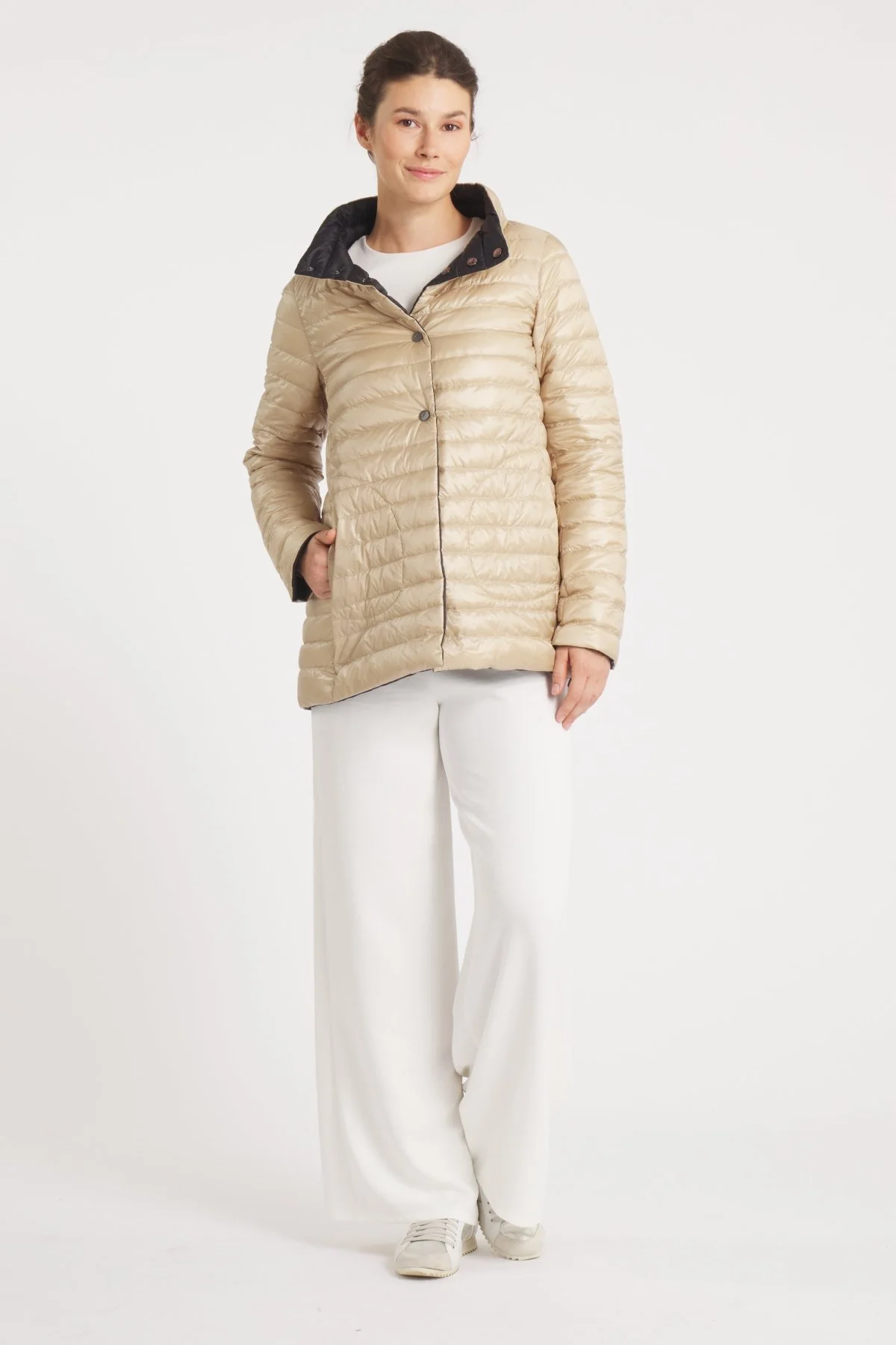 The Knightsbridge | Lightweight 2 in 1 Reversible Down Coat | Matte Black / Taupe - Image 7