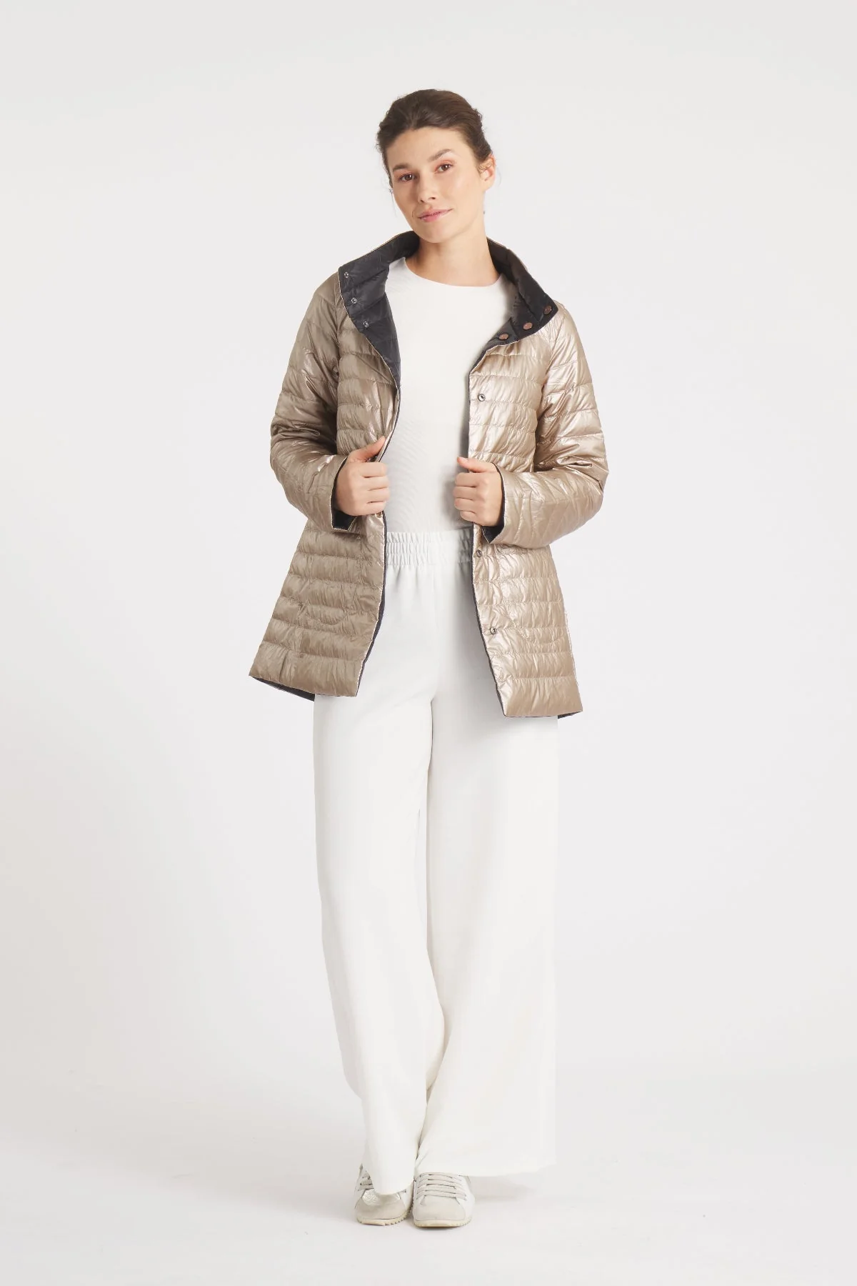 The Knightsbridge | Lightweight 2 in 1 Reversible Down Coat | Matte Black / Metallic Gold - Image 11