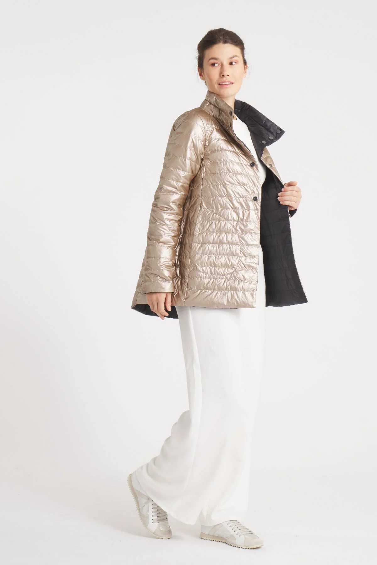 The Knightsbridge | Lightweight 2 in 1 Reversible Down Coat | Matte Black / Metallic Gold - Image 6