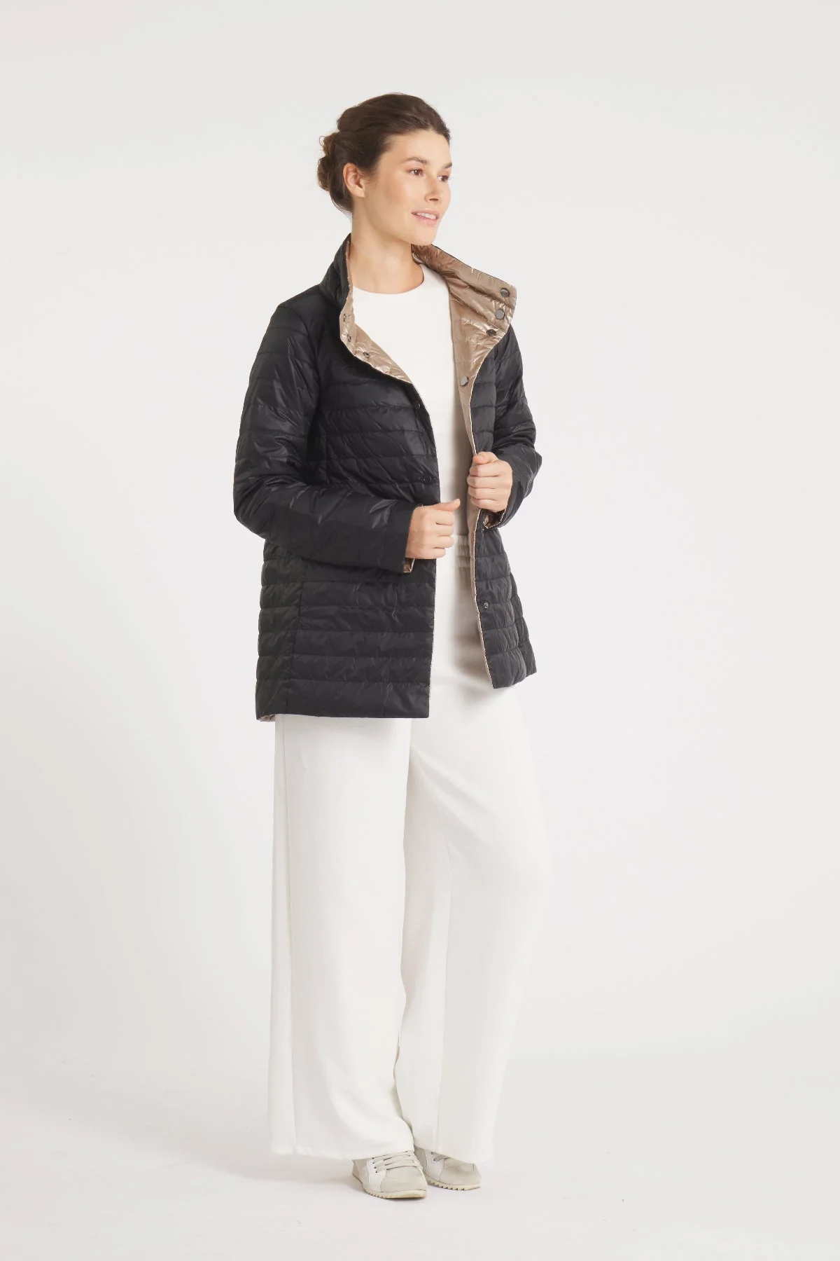 The Knightsbridge | Lightweight 2 in 1 Reversible Down Coat | Matte Black / Metallic Gold - Image 7